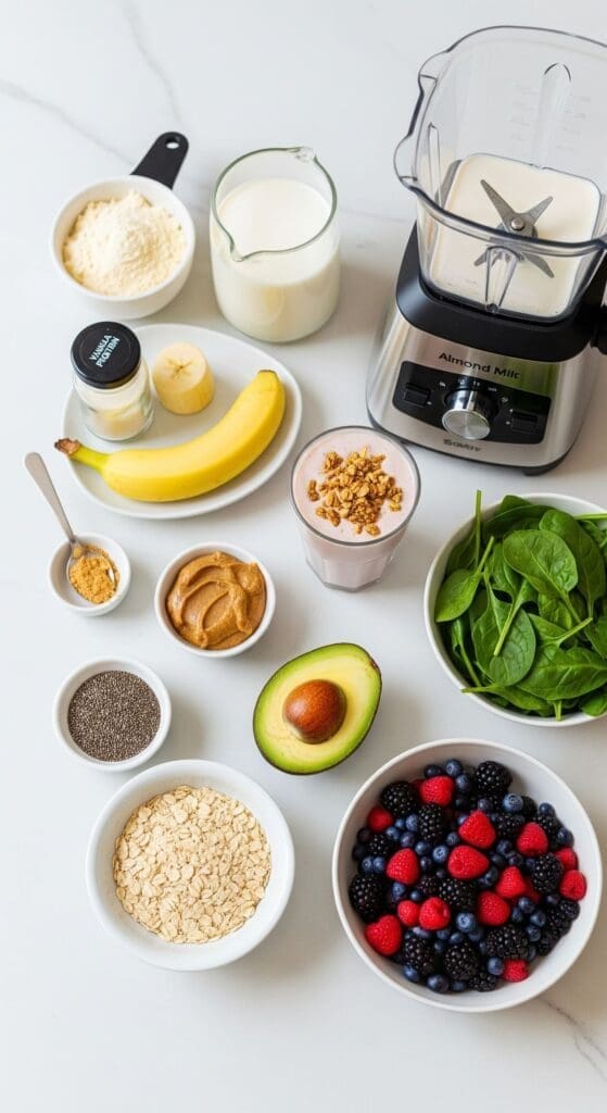 A vibrant, overhead shot of a kitchen counter with all the essential meal replacement smoothie ingredients neatly arranged: a scoop of vanilla protein powder, a cup of almond milk, half a frozen banana, a spoonful of almond butter, a quarter of an avocado, rolled oats, chia seeds, a big handful of spinach, and a bowl of mixed berries. Include a sleek blender and a glass of the finished smoothie, looking creamy and inviting, with a sprinkle of granola on top. The scene should feel fresh, organized, and energizing, with natural lighting and pops of color.