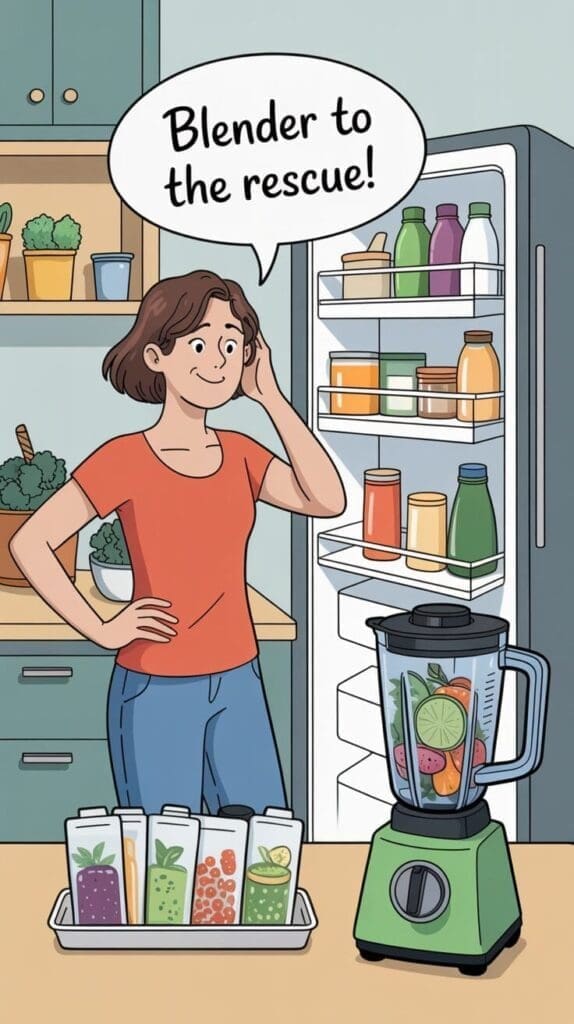 A cheerful, relatable scene of a busy person (gender-neutral, casual clothes) standing in front of an open fridge, looking overwhelmed. In the foreground, their blender is ready with pre-portioned freezer packs of smoothie ingredients lined up. The mood is light and humorous, capturing the “fridge-stare” struggle and the relief of having a quick, healthy solution. Add a speech bubble or text: “Blender to the rescue!”