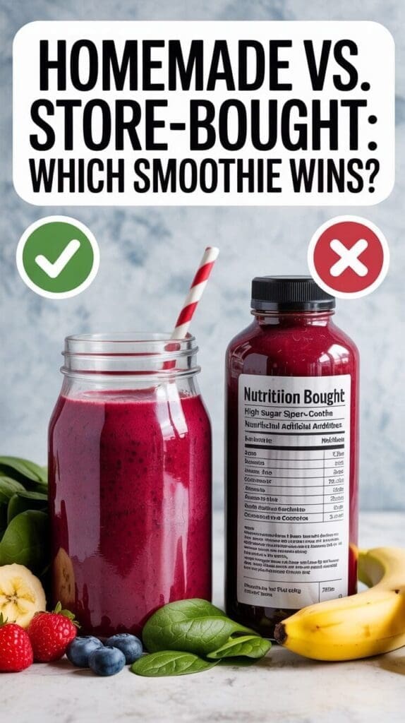 A side-by-side comparison image: on one side, a homemade smoothie with fresh, whole ingredients laid out neatly; on the other, a store-bought smoothie bottle with a nutrition label showing high sugar and additives. Add checkmarks and Xs to highlight the pros and cons, with a bold caption: “Homemade vs. Store-Bought: Which Smoothie Wins?”