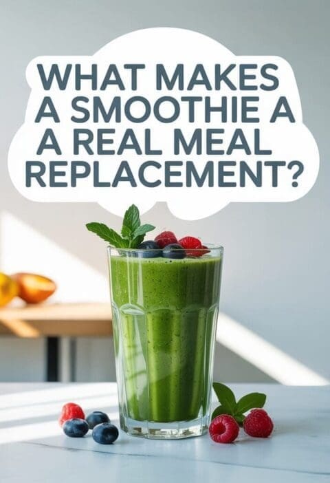 A photograph of a vibrant green smoothie in a tall glass, positioned against a clean white background. The smoothie is garnished with fresh blueberries, raspberries, and a sprig of mint, showcasing its natural ingredients. Above the glass, bold lettering reads "What Makes a Smoothie a REAL Meal Replacement?" in a modern sans-serif font, subtly illuminated by soft overhead lighting to emphasize the question. A minimalist wooden table and a few scattered fruits complete the scene, conveying a sense of health and vitality.