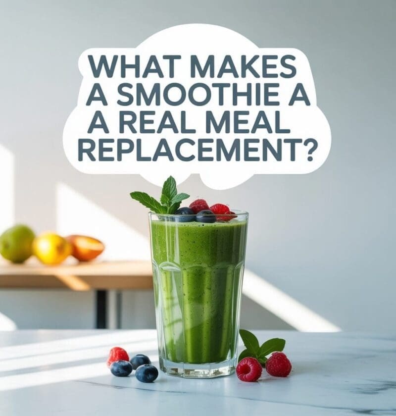 A photograph of a vibrant green smoothie in a tall glass, positioned against a clean white background. The smoothie is garnished with fresh blueberries, raspberries, and a sprig of mint, showcasing its natural ingredients. Above the glass, bold lettering reads "What Makes a Smoothie a REAL Meal Replacement?" in a modern sans-serif font, subtly illuminated by soft overhead lighting to emphasize the question. A minimalist wooden table and a few scattered fruits complete the scene, conveying a sense of health and vitality.