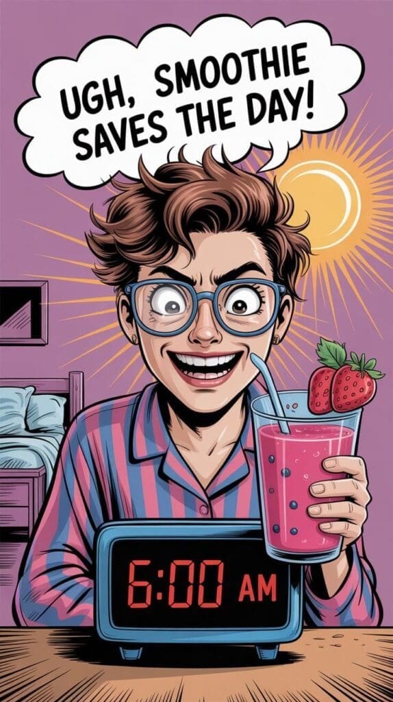 A playful, comic-style illustration of a tired person in pajamas, glaring at their alarm clock, then happily sipping a colorful smoothie. The scene transitions from “morning struggle” to “morning win” with the smoothie as the hero. Include text bubbles with phrases like “Ugh, mornings…” and “Smoothie saves the day!” for a relatable, humorous touch.