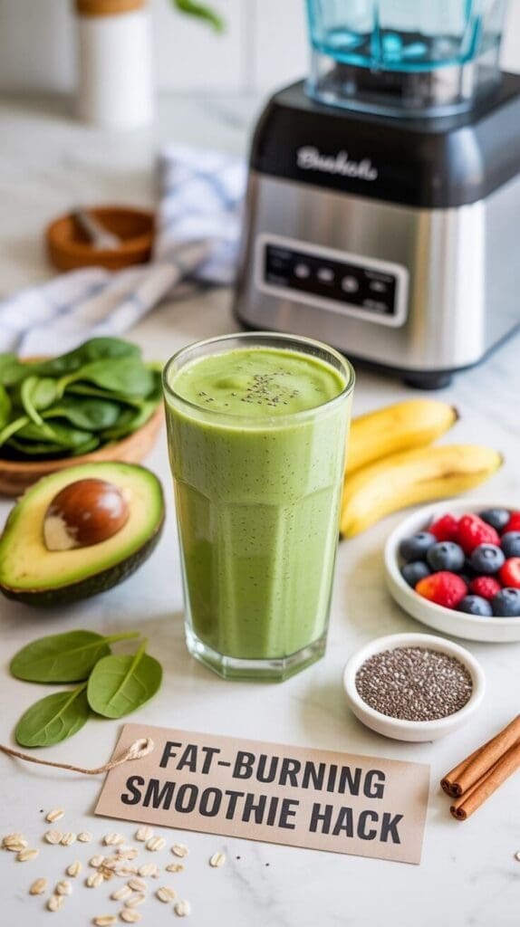A vibrant, overhead shot of a fat-burning breakfast smoothie in a clear glass, surrounded by fresh ingredients like avocado, banana, spinach, berries, chia seeds, and a scoop of protein powder. The background is a bright, clean kitchen counter with a blender in the corner. Add a handwritten-style label that says “Fat-Burning Smoothie Hack” and sprinkle a few oats and cinnamon sticks around for a cozy, inviting vibe.