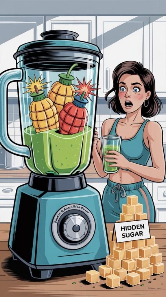 Dynamic 3D render, pop-art style. A large, clear glass blender filled halfway with vibrant green smoothie. Inside the blender, realistic high-sugar fruits (banana, mango chunks, pineapple rings) morph into cartoon grenades with lit fuses. Beside the blender, a shocked woman (casual workout clothes) holds a glass, looking at a towering pile of sugar cubes spilling onto the counter labeled 'Hidden Sugar'. Background: bright kitchen with modern cabinets. Style: Bold colors, sharp outlines, slightly exaggerated features. Aspect Ratio: 16:9."
